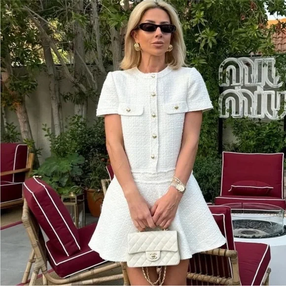 Zara Cream Tweed Mini Dress with Gold Buttons - Picture 5 of 12